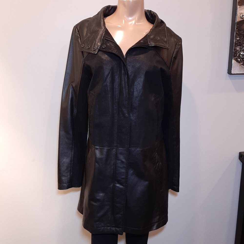 Blink By Danier Leather Jacket High Neck Mid Length Black Womens Size Large Coat - Picture 14 of 14